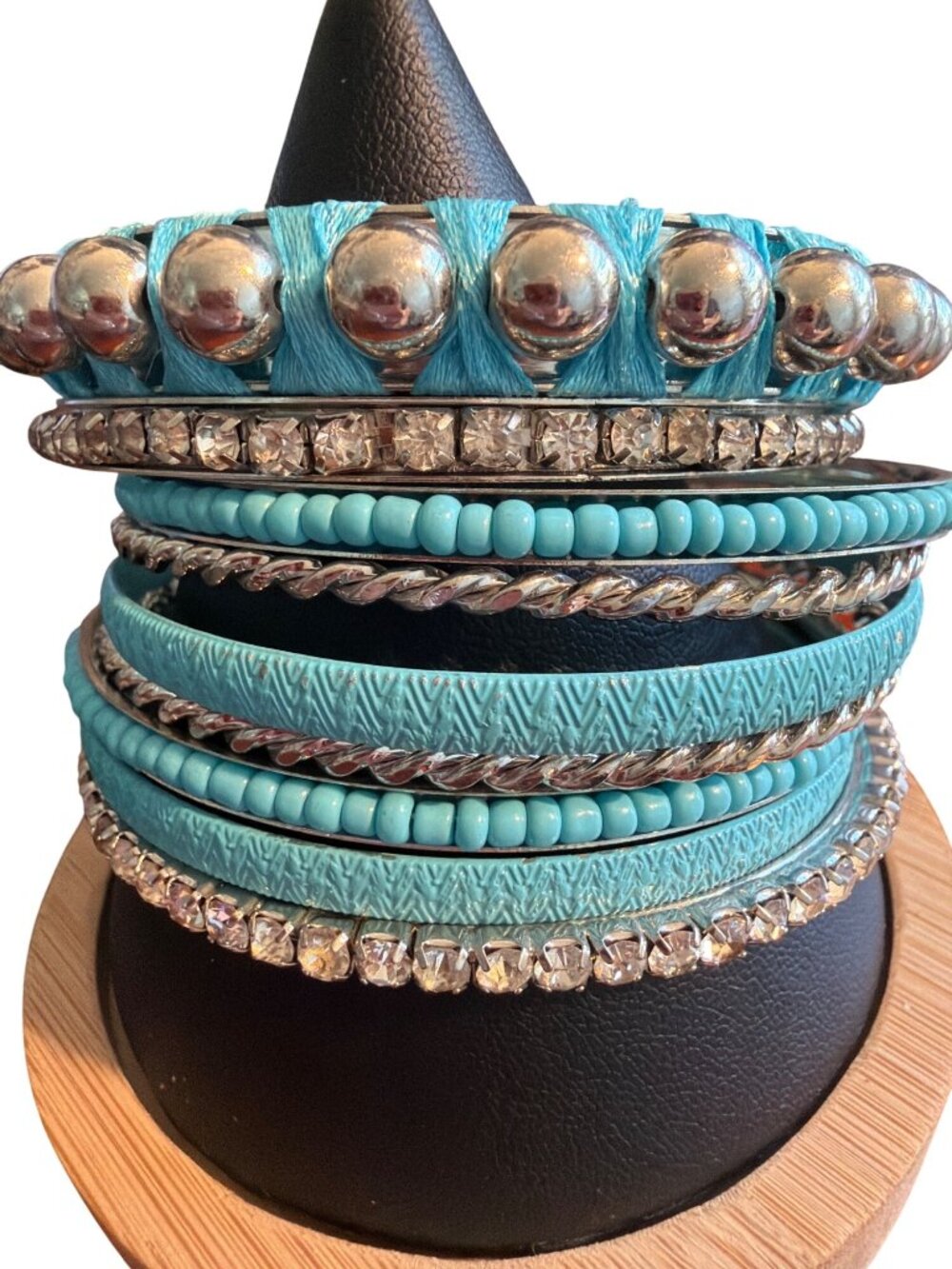 9 Bangle Bracelet Lot Silver Tone Turquoise Clear Rhinestones Stack 8" Vacation